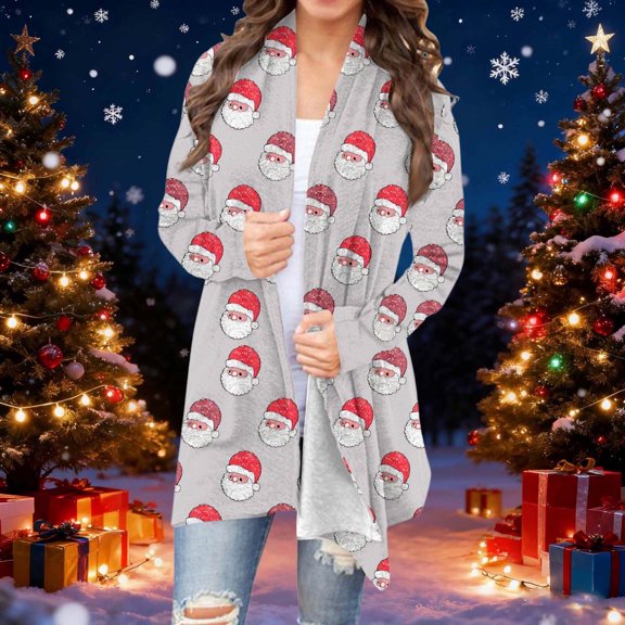 Levmjia Women Cardigan Fashion Christmas Printed Coat Long Sleeve Top Everyday Wear Fall Winter Party Vacation Daily