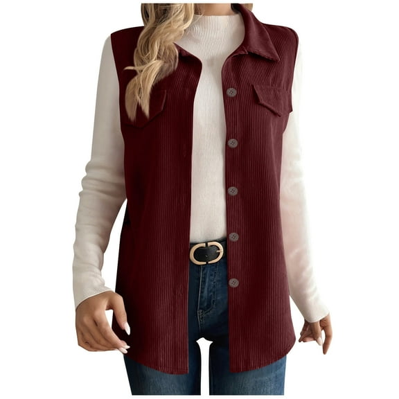 Levmjia Women Corduroy Vest Solid Color Fashion Versatile Sleeveless Hoodless Double Pocket Button Round Neck Casual Waistcoat For Outdoor Wear