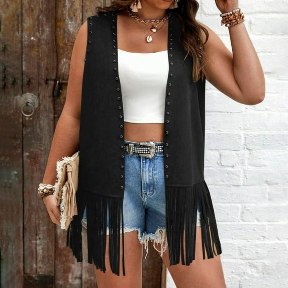 Levmjia Women Cowboy Vest Sleeveless Knit Solid Color Tassel Tops Hippie Suede Western Coat Waistcoat For Outdoor Casual Wear