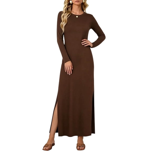 Levmjia Women Crew Neck Maxi Dress Long Sleeve Slim Fit Slit Soft Stretchy Solid Color Bodycon Long Dress Daily Casual Wear Party Vacation All Season Trendy Solid Color