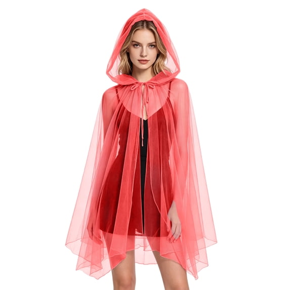 Levmjia Women Double Layer Tulle Hooded Shawl Sheer Flowy Long Cape Lightweight Loose Wrap Cloak Halloween Costume Holiday Dress Up Solid Color