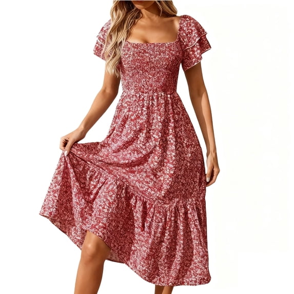 Levmjia Women Dress Casual V Neck Square Neck Short Sleeve Floral Printed Long Skirt Polyester Comfortable Flowy Party Wedding Vacation Attire Spring Summer