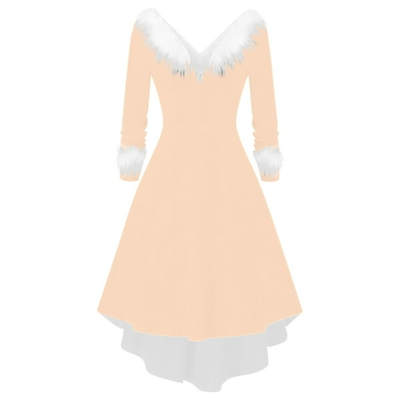 Levmjia Women Dresses Long Sleeve V-Neck Vintage Solid Color Stitching Fabric For Holiday Christmas Party Outfit Elegant Festive Attire