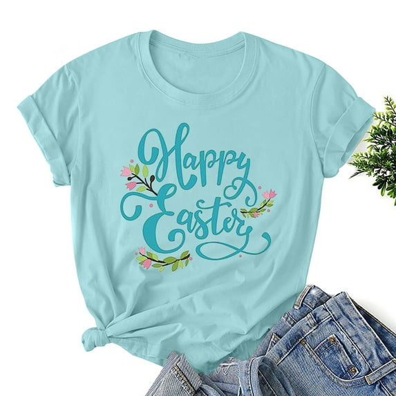 Levmjia Women Easter Bunny T-Shirt Rabbit Graphic Tees Tops Women's Easter Printed Round Neck Short Sleeved T-shirt Loose Top