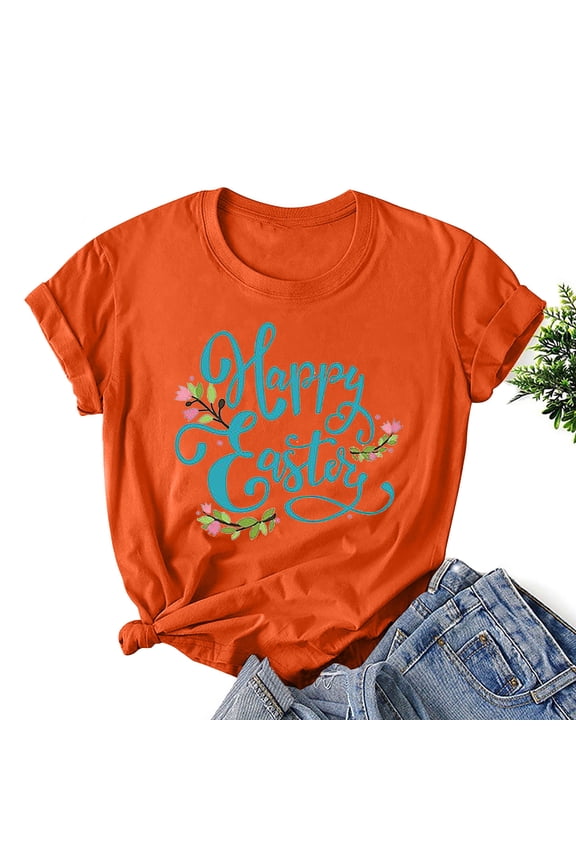 Women Easter Bunny T-Shirt Rabbit Graphic Tees Tops Women's Easter Printed Round Neck Short Sleeved T-shirt Loose Top