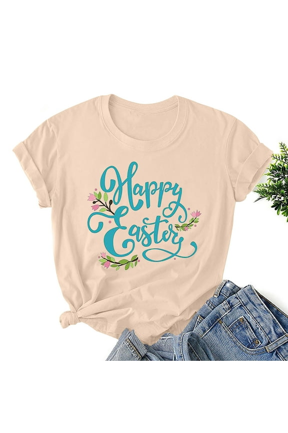 Women Easter Bunny T-Shirt Rabbit Graphic Tees Tops Women's Easter Printed Round Neck Short Sleeved T-shirt Loose Top