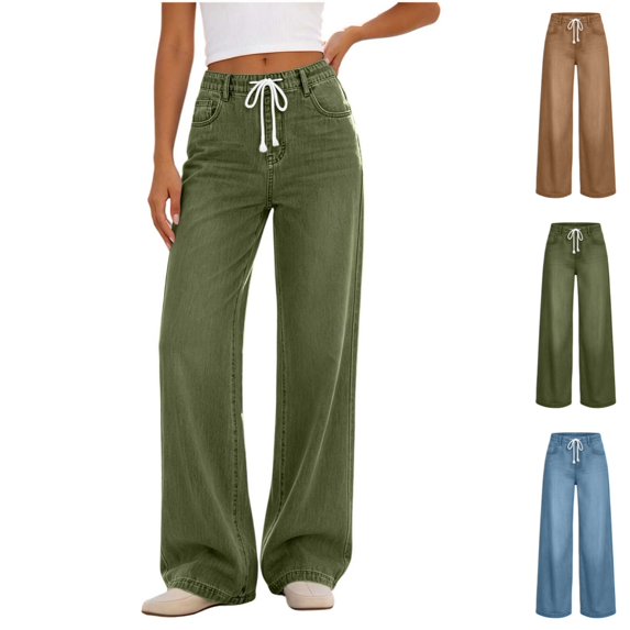 Levmjia Women Elastic Waist Drawstring Jeans Wide Leg Straight Pants Casual Denim Trousers with Pockets for Daily Wear