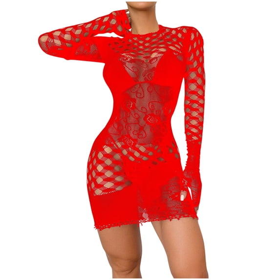 Levmjia Women Fishnet Mini Dress Long Sleeve Sheer Hollow Out Solid Color Tight Bodycon Lingerie Spring Summer Home Sleep Breathable Stretchy Club Night Party