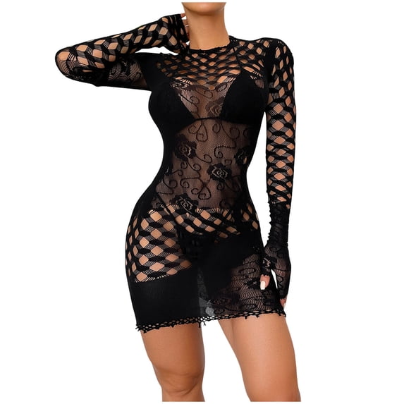 Levmjia Women Fishnet Mini Dress Long Sleeve Sheer Hollow Out Solid Color Tight Bodycon Lingerie Spring Summer Home Sleep Breathable Stretchy Club Night Party