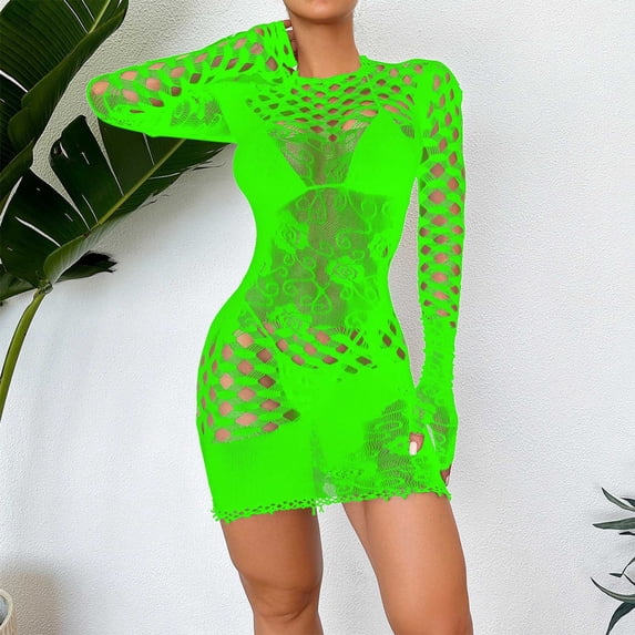 Levmjia Women Fishnet Mini Dress Long Sleeve Sheer Hollow Out Solid Color Tight Bodycon Lingerie Spring Summer Home Sleep Breathable Stretchy Club Night Party