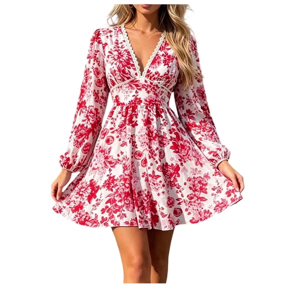 Levmjia Women Floral Print Mini Dress V Neck Long Sleeve Loose Elastic Flowy Casual Dress Spring Summer Vacation Party Maternity Daily Outdoor Elegant