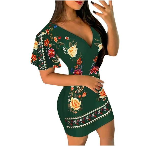 Levmjia Women Floral V-Neck Casual Dress Short Sleeve Summer Polyester Comfortable Above Knee Loose Fit Beach Vacation Multi Color Options
