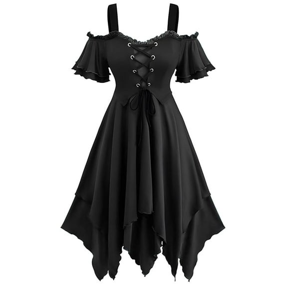 Levmjia Women Halloween Dresses Halter Off The Shoulder Gothic Costume Party Dress Comfortable Elegant Mesh Midi Dress Flare A-Line Elegant Lace Up Holiday