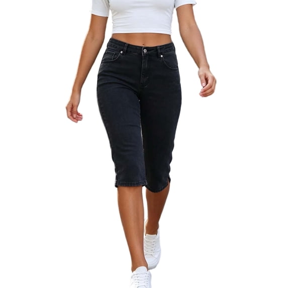 Levmjia Women High Rise Straight Leg Capri Jeans Button Fly Side Pockets Cuffed Hem Casual Denim Pants for Summer Daily Wear