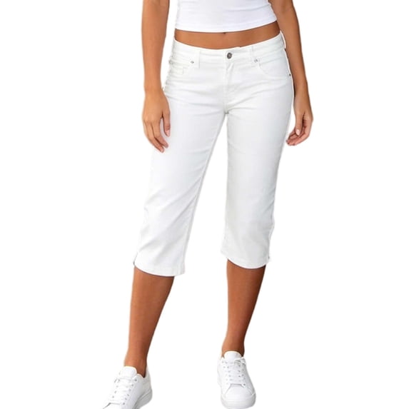 Levmjia Women High Rise Straight Leg Capri Jeans Button Fly Side Pockets Cuffed Hem Casual Denim Pants for Summer Daily Wear