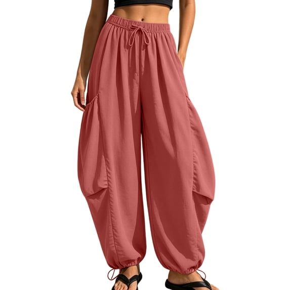 Levmjia Women High Waisted Harem Pants Casual Elastic Waist with Drawstring Side Pockets Adjustable Cuff Wide Leg Loose Trousers for Daily Wear