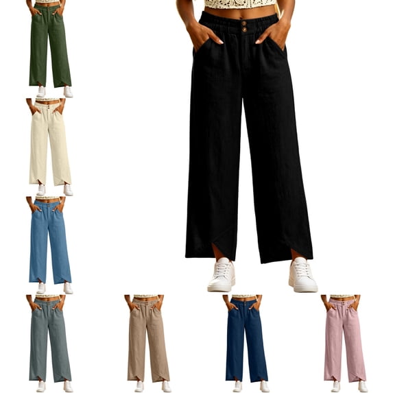 Levmjia Women High Waisted Wide Leg Pants Casual Drawstring Elastic Waist Side Pocket Loose Fit Pants for Women Daily Wear