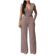 thumbnail image 1 of Levmjia Women Jumpsuit Casual V Neck Wide Leg Romper Plus Size Cotton Comfortable Stretchy Office Work Holiday Travel Summer Outfit Solid Color Pocket Breathable Loose Fit, 1 of 5