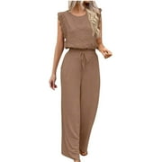 LEVMJIA Women Jumpsuit Casual Workwear Plus Size Cotton V Neck Wide Leg Romper with Pockets Breathable Comfortable for Office Travel Summer Vacation Boho Style