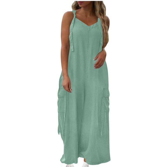 Levmjia Women Jumpsuit Wide Leg Romper Plus Size Summer Cotton V Neck Casual Workwear Vacation Outfit Breathable Comfortable Loose Fit BoHo Chic Solid Color Pocket Details