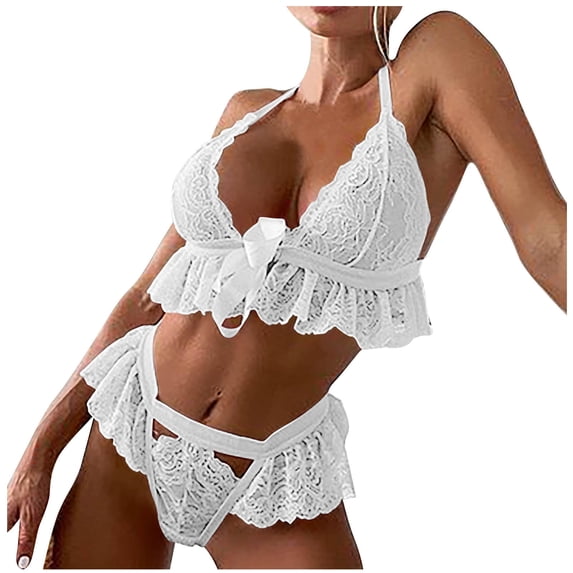 Levmjia Women Lace Lingerie Set Halter Adjustable Straps V Neck Sheer Two Piece Panty Outfit Wire Free Soft Breathable Daily Honeymoon Romantic Private Bedroom Night