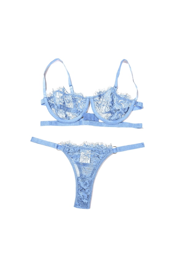 Women Lace Lingerie Set Push Up Bra Thong Solid Color Comfortable Sheer Daily Wear Deep V Adjustable Straps Sleeping Daily Wear