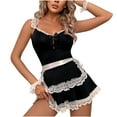 thumbnail image 1 of Levmjia Women Lace Lingerie Set Spaghetti Strap Ruffle Trim Mini Dress Panties Mesh Spring Summer Indoor Leisure Solid Deep V Neck Flared Hem Cute Bedroom Party, 1 of 9