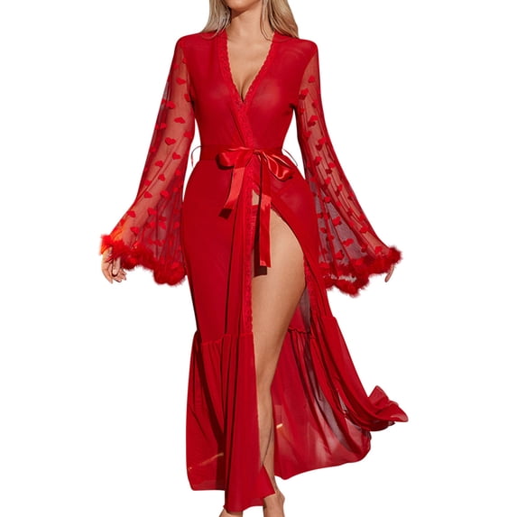 Levmjia Women Lace Long Robe Lingerie Set Soft Breathable Mesh Solid Color Lightweight Spring Summer Sleepwear Flowy High Slit Comfort Stretchy Night Party Adult Nightgown