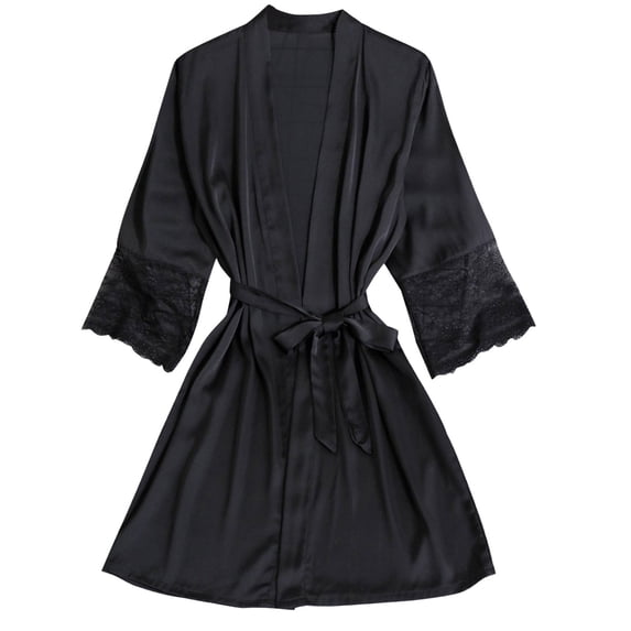 Levmjia Women Lace Mesh Lingerie Kimono Robe Belted V Neck 3/4 Sleeve Bath Robe Multi Color Sheer Soft Breathable Sleepwear Spa Bedroom Night Gown