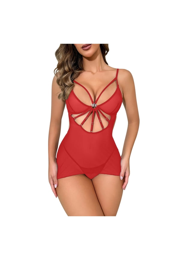 Women Lace Mesh Lingerie Set Plus Size Solid Color Spaghetti Strap V Neck Cutout Mini Sleep Dress Shorts Spring Summer HomeSoft Breathable Stretchy Sheer Night