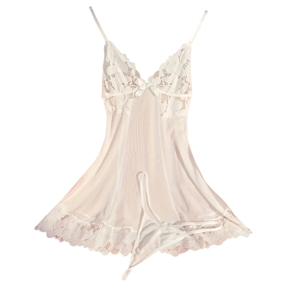 Levmjia Women Lace Mesh Nightgown Solid Color Spaghetti Strap Deep V Flowy Mini Slip Dress Spring Summer Home Breathable Soft Stretchy Elegant Lingerie Rest