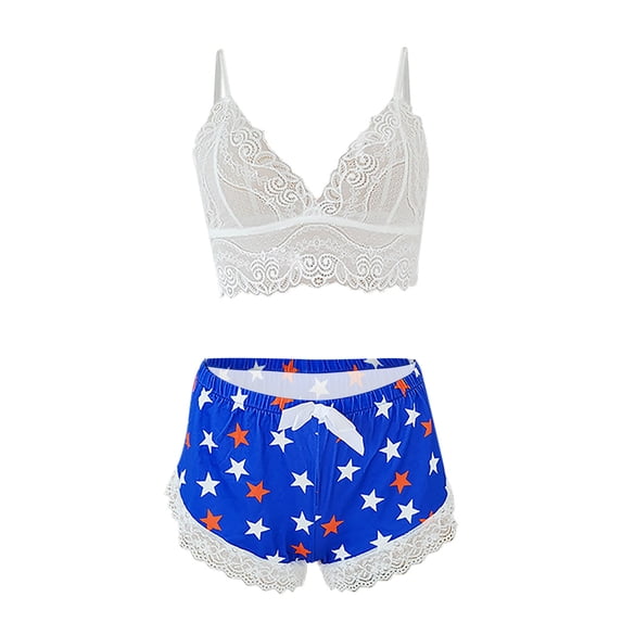 Levmjia Women Lace Striped Lingerie Two Piece Set Spaghetti Strap V Neck Bra Ruffle Shorts Outfit Multi Color Options Soft Breathable Sleepwear Spring Summer Bedroom Pajama Suit