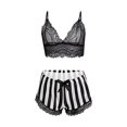 thumbnail image 1 of Levmjia Women Lace Striped Lingerie Two Piece Set Spaghetti Strap V Neck Bra Ruffle Shorts Outfit Multi Color Options Soft Breathable Sleepwear Spring Summer Bedroom Pajama Suit, 1 of 3