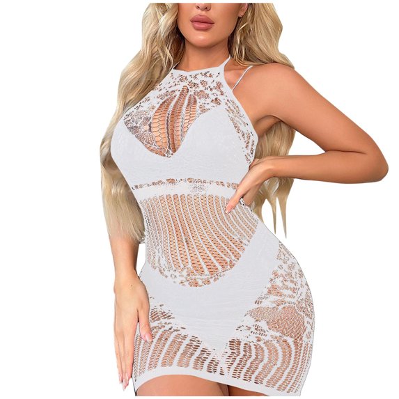 Levmjia Women Lingerie Set Sleeveless Fishnet Mini Dress Solid Sheer Mesh Bodycon Lingerie Multiple Colors Parties Special Occasions