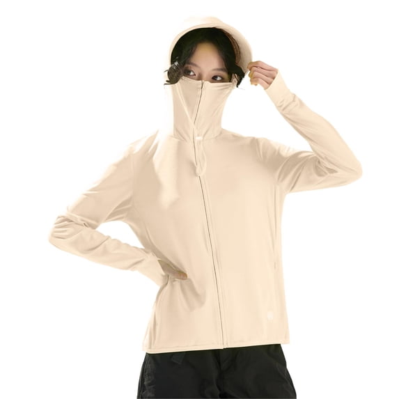 Levmjia Women Long Sleeve Sunscreen Top Zipper Hooded Sun Protection Coat Breathable Solid Color Regular Fit Outdoor Lightweight Jacket Hiking Cycling Beach Trips Casual Wear