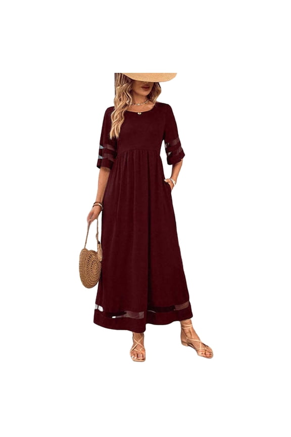 Women Loose Maxi Dress With Pockets Round Neck 3 4 Sleeve Mesh Insert Casual Solid Color Soft Breathable Flowy A Line Versatile Spring Summer Fall Daily Wear