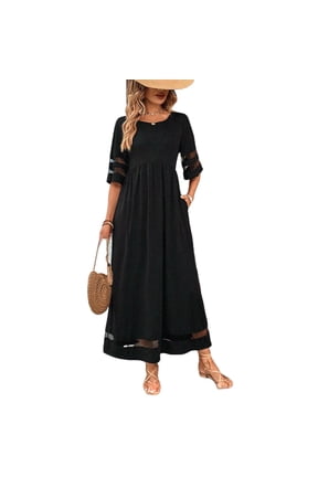 Women Loose Maxi Dress With Pockets Round Neck 3 4 Sleeve Mesh Insert Casual Solid Color Soft Breathable Flowy A Line Versatile Spring Summer Fall Daily Wear