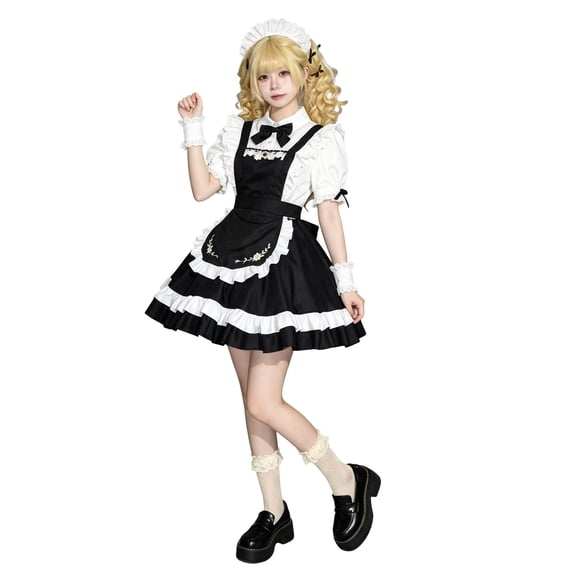 Levmjia Women Maid Costume Set Short Sleeve Dress Bow Tie Soft Cute Fashion Outfit Halloween Theme Party Carnival Holiday Themed