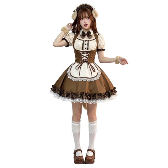 Levmjia Women Maid Costume Set Short Sleeve Dress Bow Tie Soft Cute Fashion Outfit Halloween Theme Party Carnival Holiday Themed