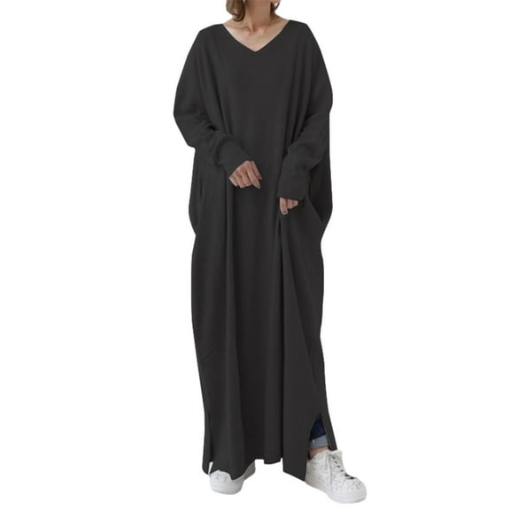 Levmjia Women Maxi Dress Plus Size Casual V Neck Long Sleeve Solid Color Polyester Spandex Comfortable Flowy Elegant Daily Vacation Party Wear Multiple Colors Available