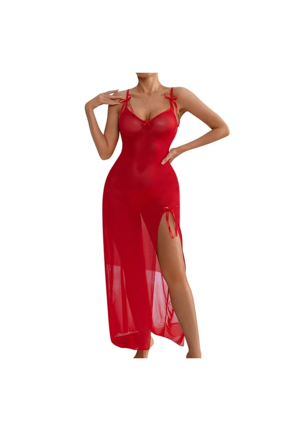 Women Mesh Maxi Nightgown Solid Color Spaghetti Strap Deep V Open Back High Slit Sheer Long Slip Dress Spring Summer Home Sleep Breathable Stretchy Lingerie Evening