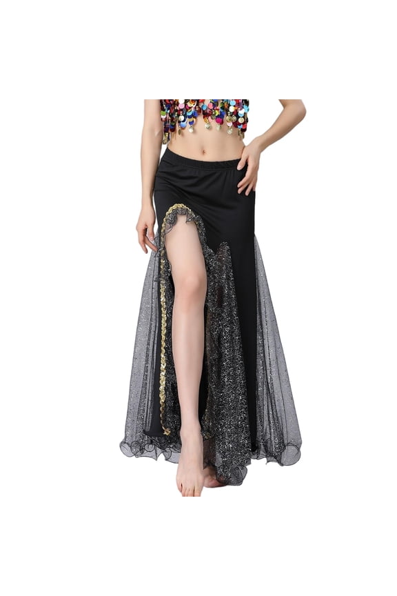 Women Midi Skirt Fishtail Flowy Solid Color Hollowed Out Beads Performance Side Slit Dance Elegant Casual Party Skirt