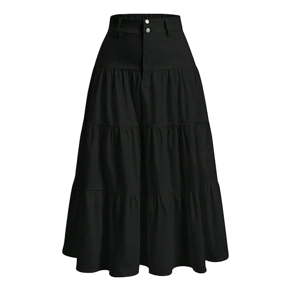 Levmjia Women Midi Skirt Flax Casual Solid Color Elastic Waist Button Front Zipper Side Slit Comfortable Beach Vacation Street Wear Summer
