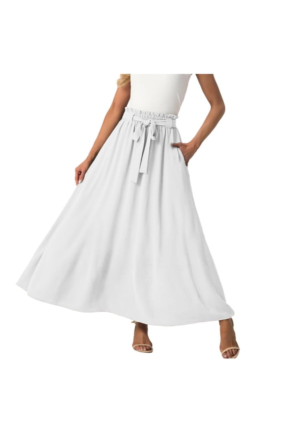 Women Midi Skirt High Waist Elastic Drawstring Casual Solid Color A-Line Long Skirt for Spring Autumn Polyester Comfortable Travel