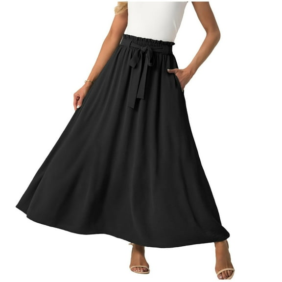 Levmjia Women Midi Skirt High Waist Elastic Drawstring Casual Solid Color A-Line Long Skirt for Spring Autumn Polyester Comfortable Travel