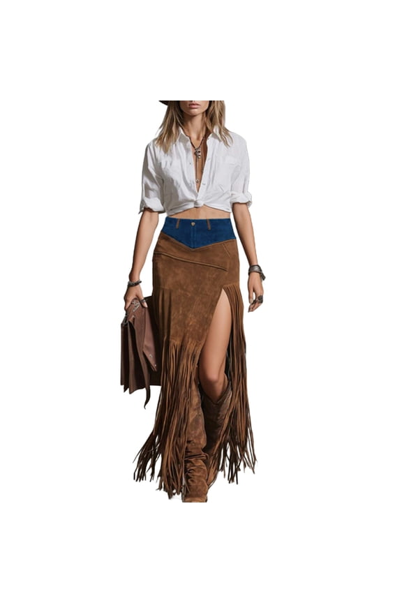 Women Midi Skirt Western Boho Fringe Patchwork Denim Irregular Hem Asymmetrical High Waist Mid Length Side Slit Casual Fall Skirt