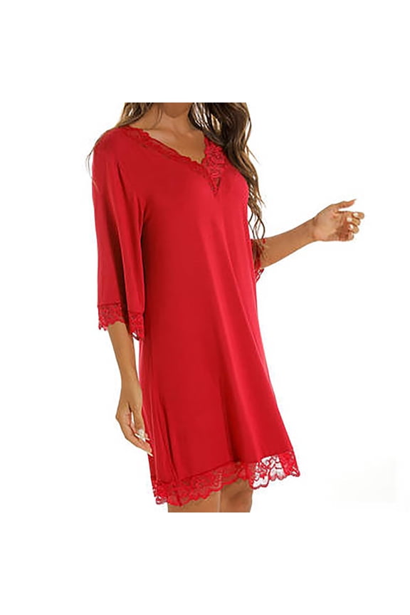 Women Night Robe Solid Color Lace Trim 3/4 Sleeve V Neck Loose Fit Sleep Spring Summer Home Silky Breathable Elegant Soft Lingerie Kimono