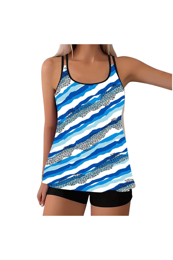 Women Plus Size Tankini Swimsuit Set Printed High Waisted Split Tummy Control Tankini With Adjustable Straps Quick Dry Beach Vacation