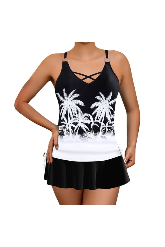 Women Plus Size Tankini Swimsuit Set Printed High Waisted Tummy Control Tankini With Adjustable Straps Quick Dry For Beach Vacation