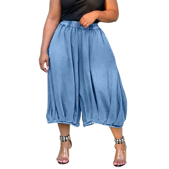 Levmjia Women Plus Size Wide Leg Capri Pants High Waisted Elastic Waist Loose Casual Baggy Harem Pants Cuffed Ankle Summer Beach Pants Daily Wear